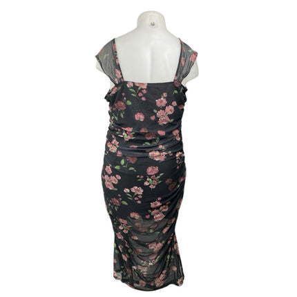 Cider Women's Black Floral Print Sleeveless Ruched Midi Bodycon Dress Size 3XL