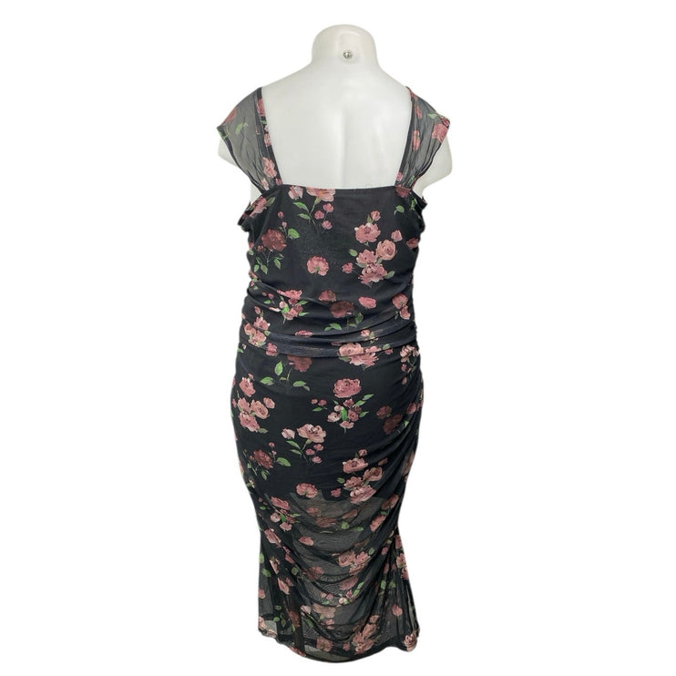 Cider Women's Black Floral Print Sleeveless Ruched Midi Bodycon Dress Size 3XL