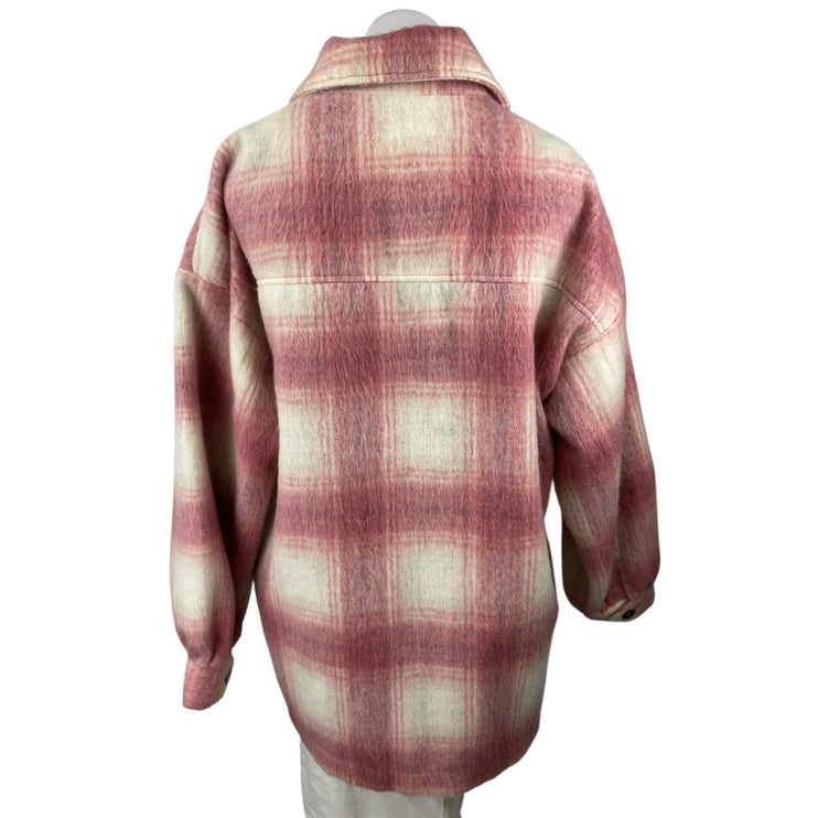 Forever 21 Pink Faux Fur Plaid Button Down Long Sleeve Oversized Coat Jacket L