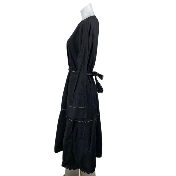 Zara Black Long Sleeve Round Neck Belted Tiered Cotton A Line Midi Dress Sz XXL