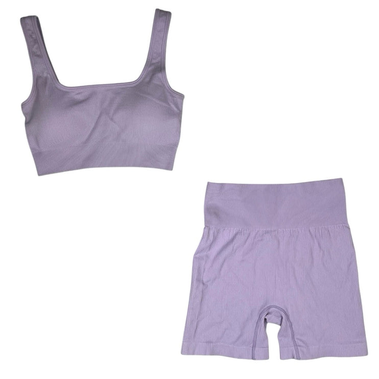 OQQ Purple Lilac Ribbed Knit Sports Bra Biker Shorts Athletic 2 Piece Set Size M