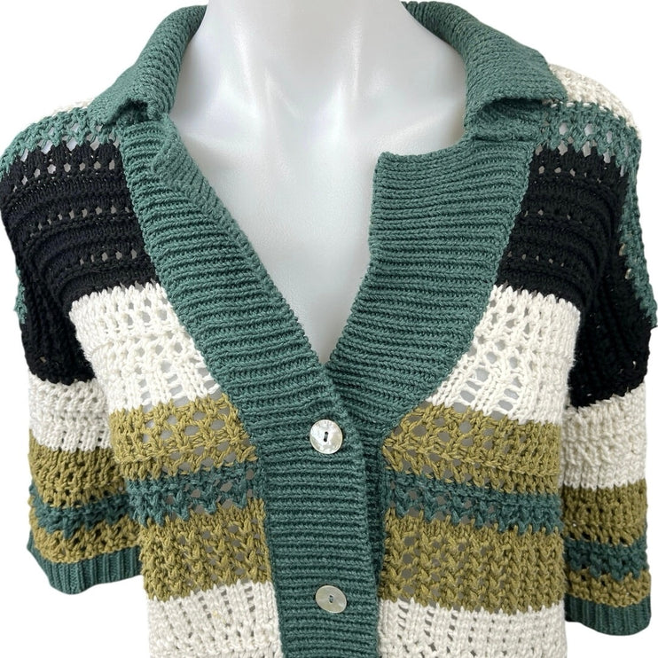 Zara Multicolor Striped Button Down Crochet Knit Polo Cardigan Sweater Top L/XL