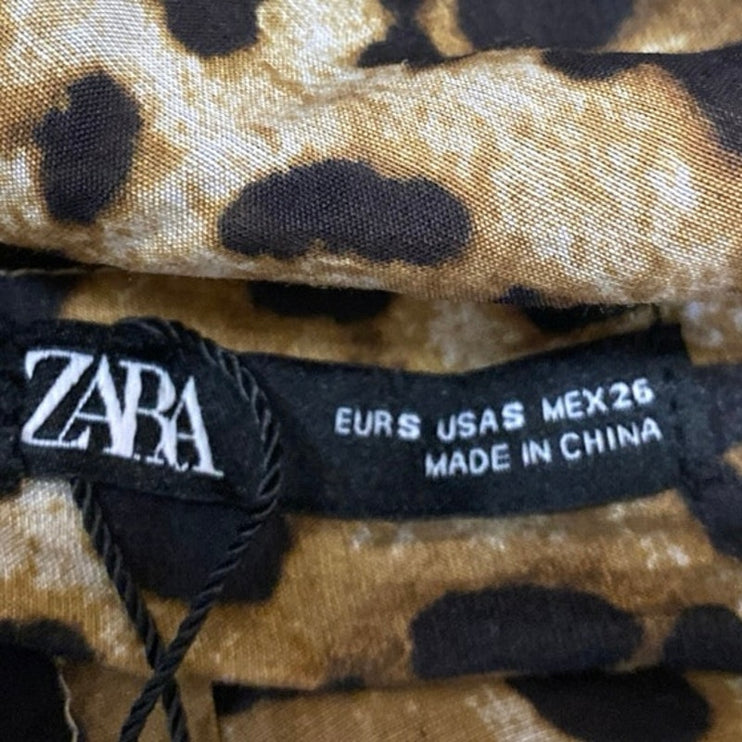 Zara Tan Black Leopard Animal Print Knit Zip Knot Front Midi Slip Skirt Size S