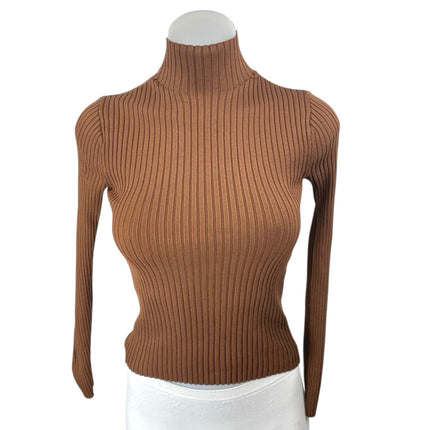 Zara Women Brown Long Sleeve Ribbed Knit Turtleneck Slim Fit Sweater Top Size S