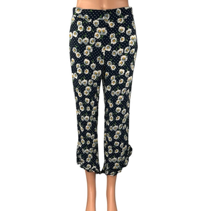 Zara Women's Black Floral Polka Dots High Rise Cropped Trousers Pants Size M