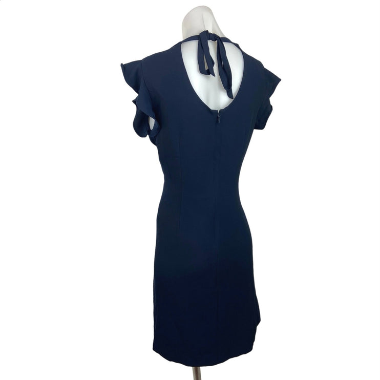 LOFT Navy Blue Flutter Sleeve Crewneck Back Cut-Out Tie Neck Shift Dress Size 8