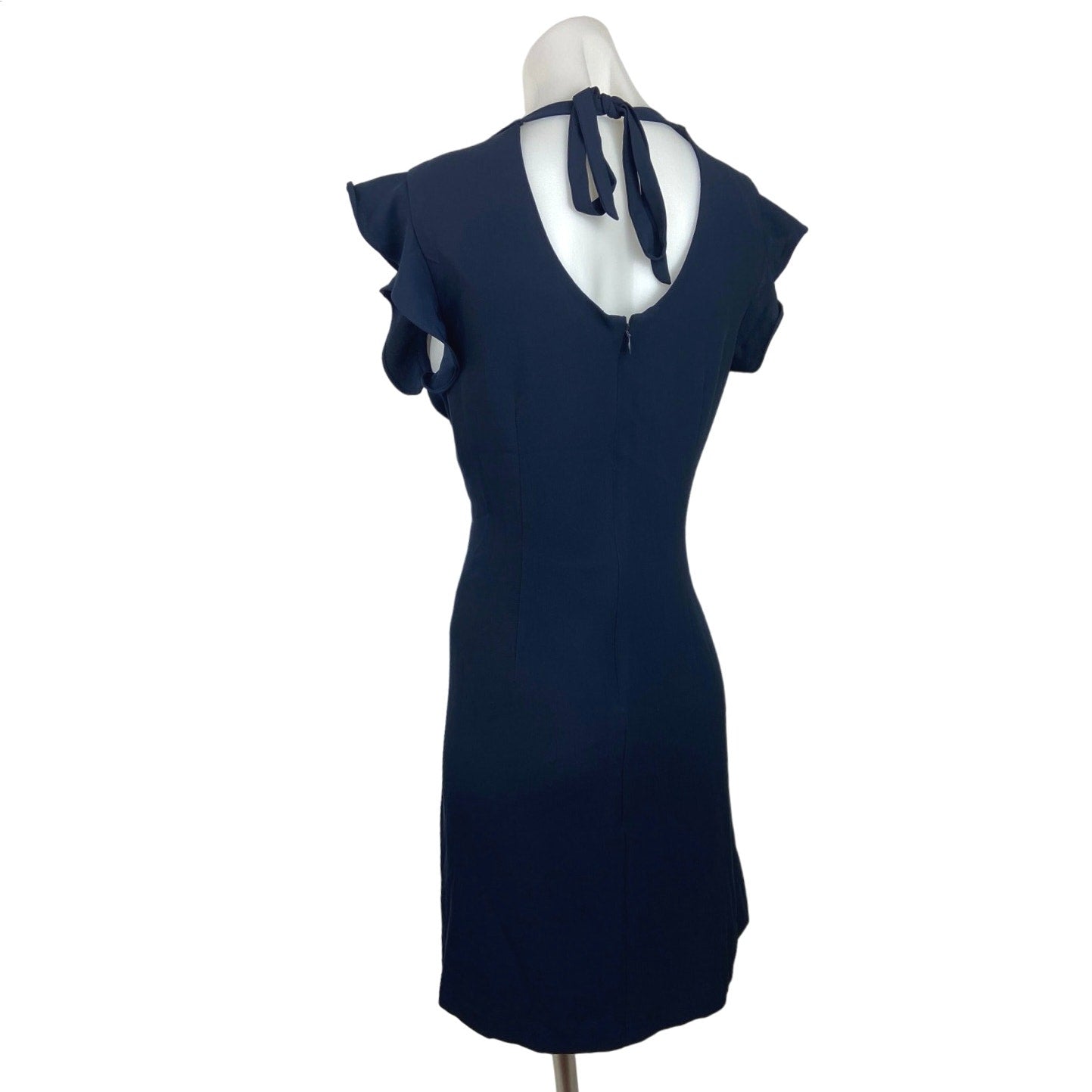 LOFT Navy Blue Flutter Sleeve Crewneck Back Cut-Out Tie Neck Shift Dre – Brie LOFT Navy Blue Flutter Sleeve Crewneck Back Cut-Out Tie Neck Shift Dre – Brie