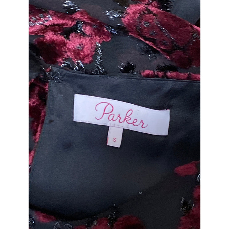 Parker Carmindy Red Black Floral Velvet Burnout Long Sleeve Mini A-Line Dress S