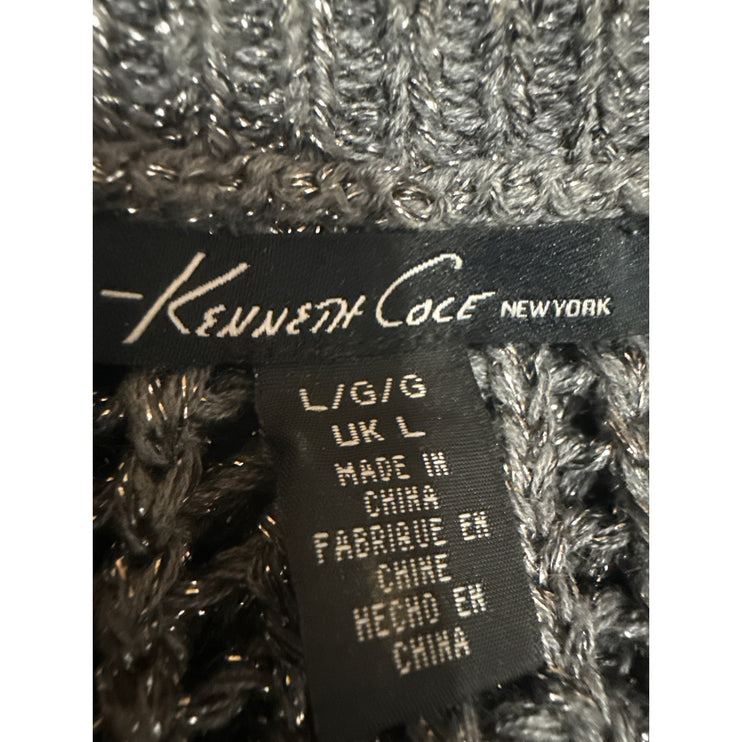 Kenneth Cole Women's Gray Metallic Open Knit Long Sleeve Cover Up Sweater Top L