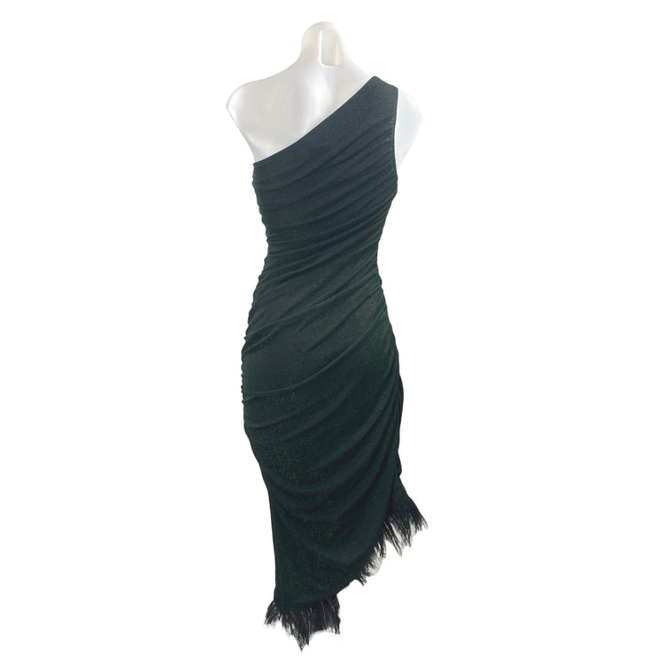 NEW Saylor Hilaria Feather Metallic Ribbed Knit Ruched Midi Bodycon Dress Sz XS