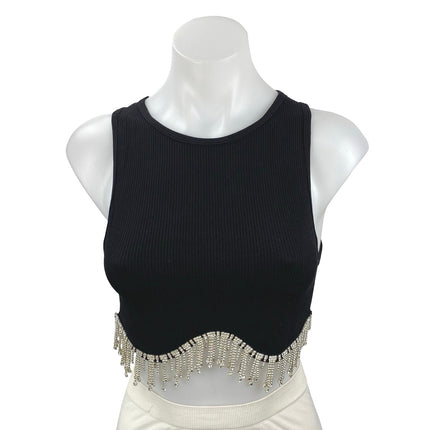 Zara Black Rhinestone Fringe Ribbed Knit Sculpt Sleeveless Tank Crop Top Size XS