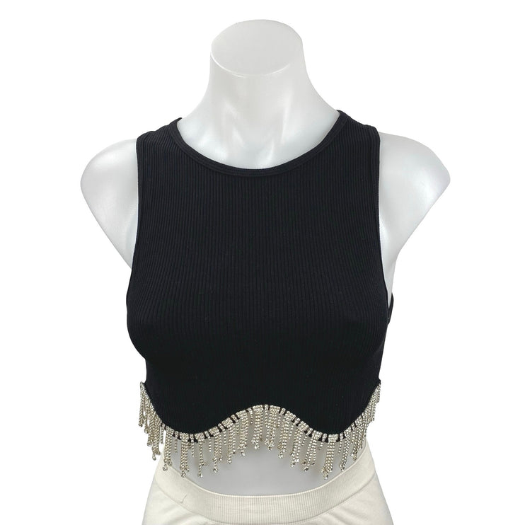 Zara Black Rhinestone Fringe Ribbed Knit Sculpt Sleeveless Tank Crop Top Size XS