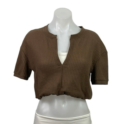 JXQ Fashion Brown Short Sleeve Waffle Knit Notch V Neck Casual Crop Top Size S/M