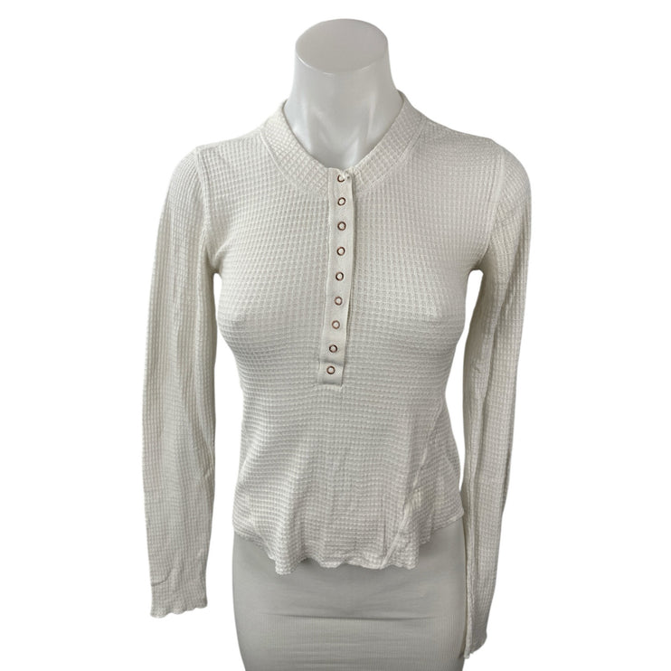 Free People Intimately Women's White Waffle Knit Long Sleeve Henley T Shrt Top S