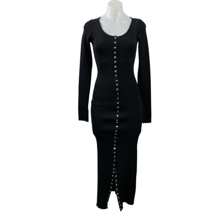 Zara Black Ribbed Knit Peal Button Long Sleeve Scoop Neck Maxi Bodycon Dress S