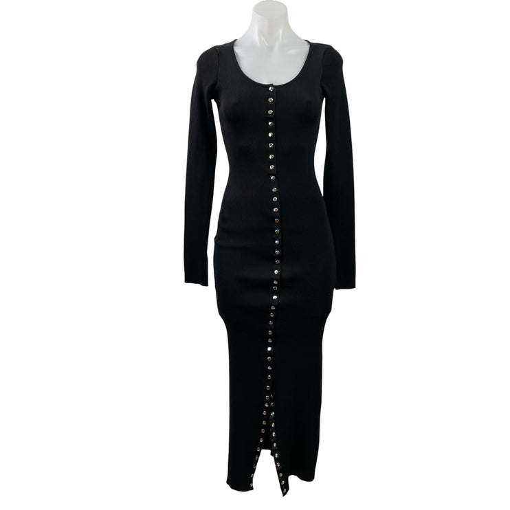 Zara Black Ribbed Knit Peal Button Long Sleeve Scoop Neck Maxi Bodycon Dress S
