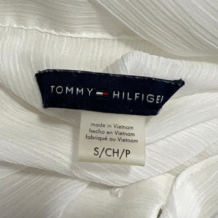 Tommy Hilfiger Women's White Flutter Sleeve Tie Neck Button Shirt Blouse Top S