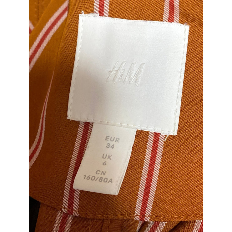 H&M Women's Orange Striped Collared 3/4 Sleeve Midi Kimono Wrap Coat Dress Sz 2