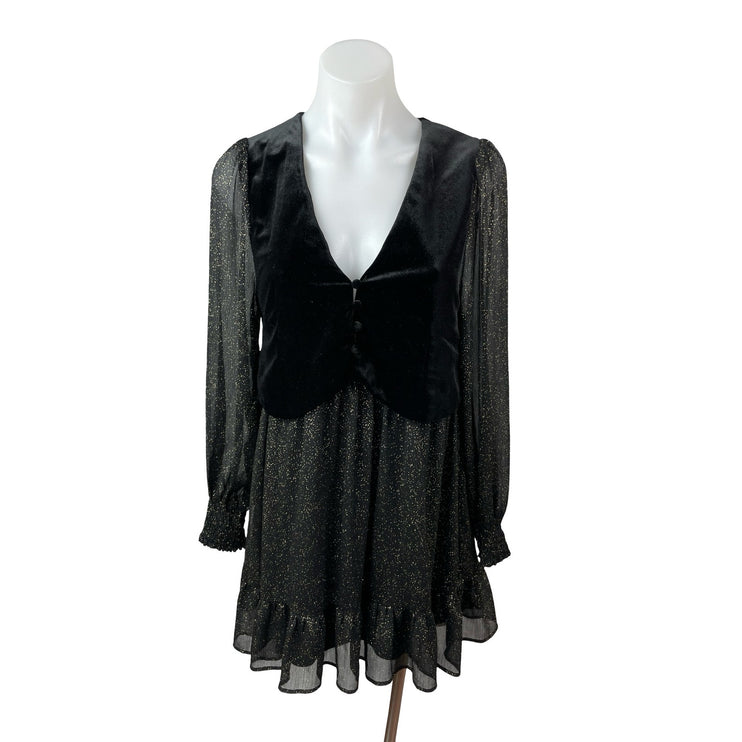 Zara Black Velvet Velour Mesh Sheer Glitter Long Sleeve A Line Mini Dress Sz XS
