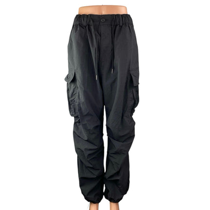 Not4Nerd Women's Black Elastic High Waist Tapered Cargo Jogger Trousers Pants L