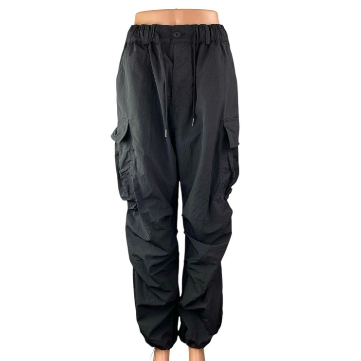 Not4Nerd Women's Black Elastic High Waist Tapered Cargo Jogger Trousers Pants L