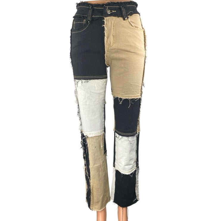 Womens Black Beige Colorblock Patchwork Frayed High Rise Straight Denim Jeans XS