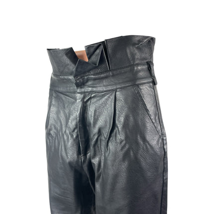 Women's Black Faux Leather Vegan High Rise Paperbag Straight Trousers Pants W30