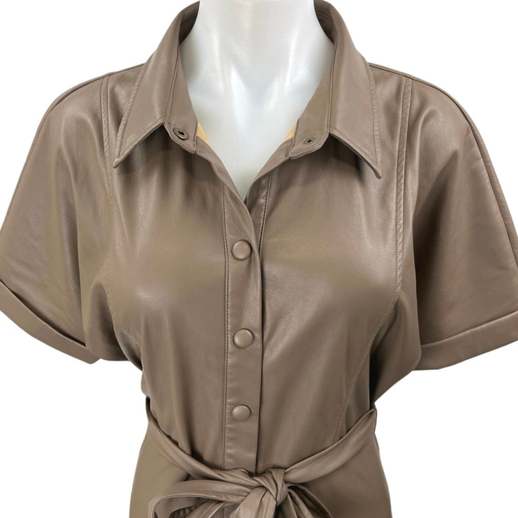 Heartloom Tan Brown Vegan Faux Leather Short Sleeve Belted Button Shirt Dress M