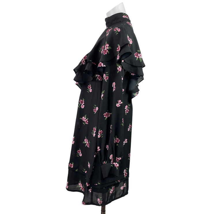 Fashion Union Black Floral Ruffle Long Sleeve Mockneck Mini Tunic Shift Dress 6