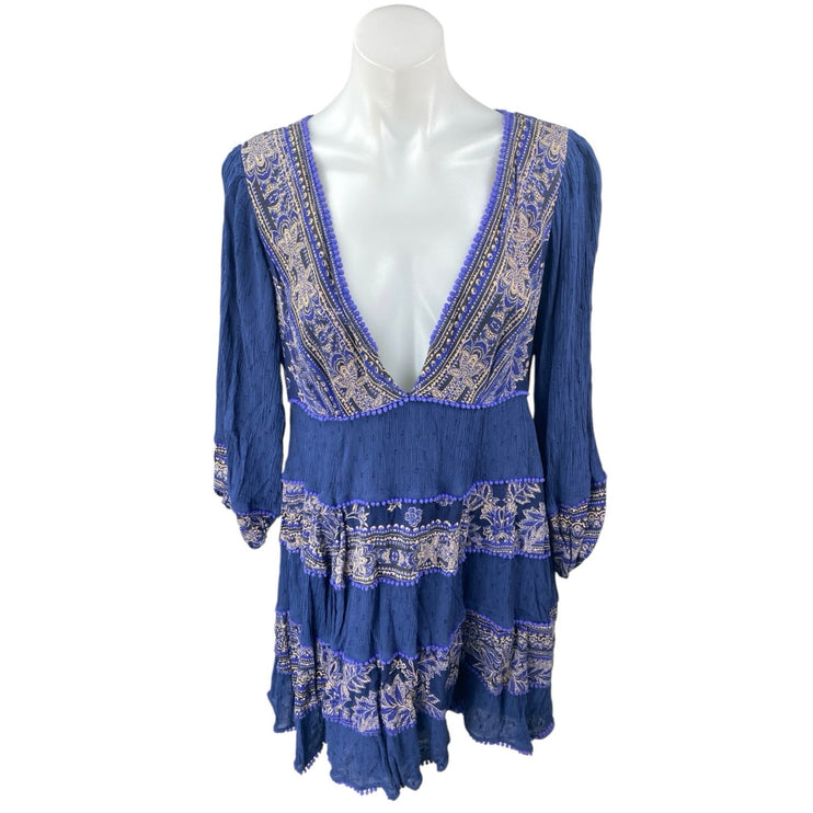 Free People My Love Blue Floral Boho Long Balloon Sleeve A Line Mini Dress Sz L