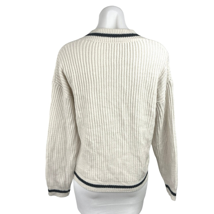 Shein Women's Knit Ribbed Cream V-Neck Long Sleeves Pullover Sweater Top Size 6