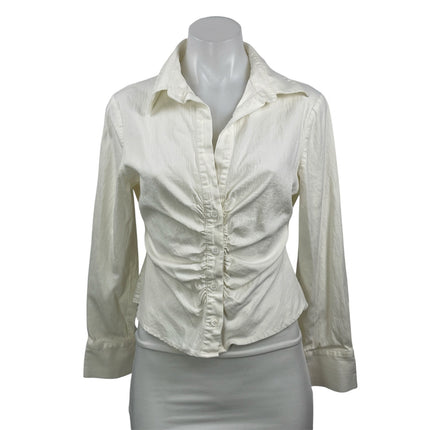 Zara Womens White Linen Long Sleeve Ruched Collared Button Down Shirt Top Size L