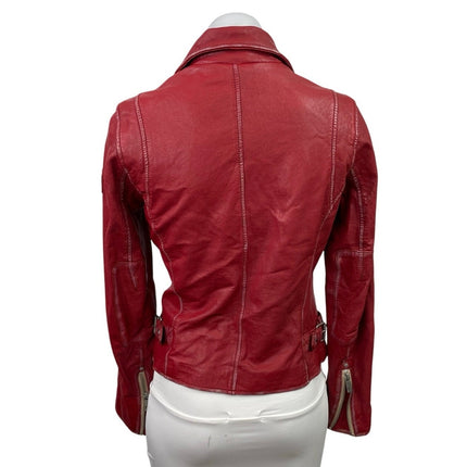 Mauritius Women's Red 100% Leather Full Zip Moto Biker Coat Jacket Size XS