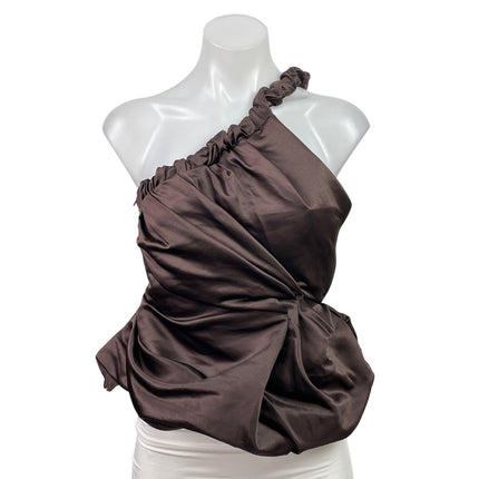 Womens Brown Satin Asymmetric Twisted One Shoulder Ruched Sleeveless Tank Top XS