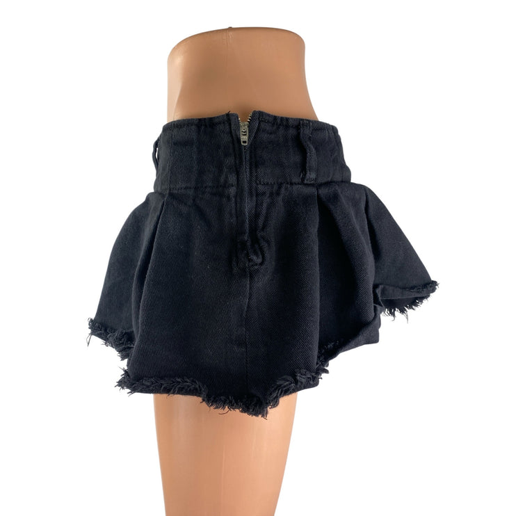 Edikted Black Denim Pleated Raw Frayed Hem Micro Mini Flare A-Line Skirt Size M