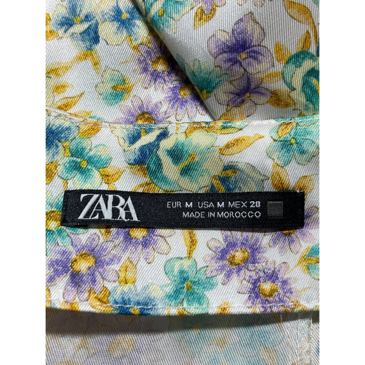 ZARA Multicolor Floral Satin Button Ruffle Hem Slit Midi A-Line Slip Skirt Sz M