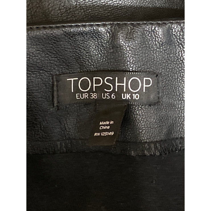 Topshop Women's Black Faux Vegan Leather Zip Up Belted Mini A-Line Skirt Size 38