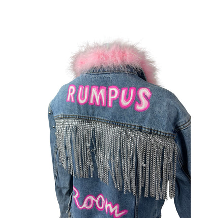 Tinseltown Pearl Stud Faux Fur Trim Rhinestone Fringe Ripped Denim Coat Jacket M