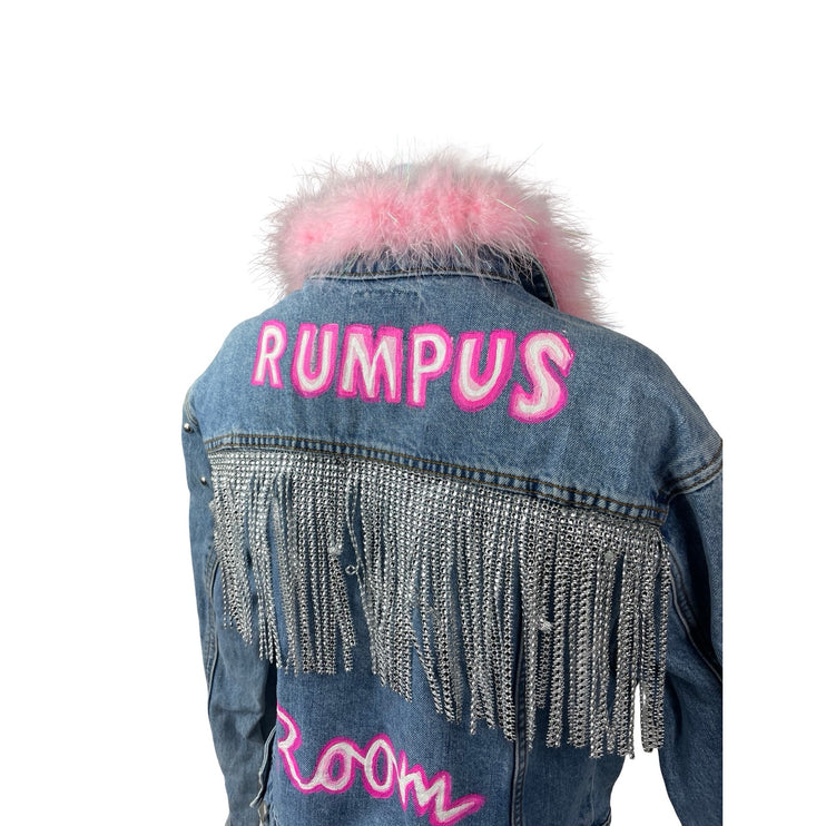 Tinseltown Pearl Stud Faux Fur Trim Rhinestone Fringe Ripped Denim Coat Jacket M