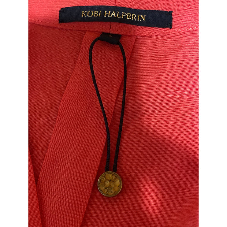 Kobi Halpern Red Linen Eyelet Embroidered Long Sleeve Button Down Shirt Top S
