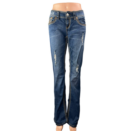 Seven7 Women's Blue Distressed Low Rise Ripped Bootcut Denim Jeans Pants Size 27