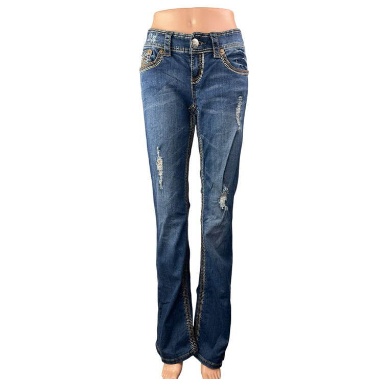 Seven7 Women's Blue Distressed Low Rise Ripped Bootcut Denim Jeans Pants Size 27