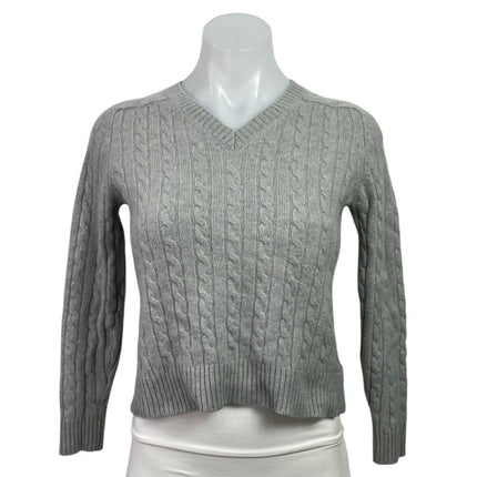 Faconnable Gray 100% Cashmere V Neck Cable Knit Long Sleeve Cropped Sweater Sz S