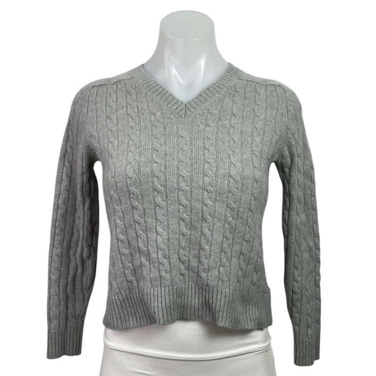 Faconnable Gray 100% Cashmere V Neck Cable Knit Long Sleeve Cropped Sweater Sz S