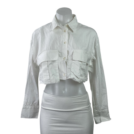 Zara Women White Long Sleeve Utility Pocket Cropped Button Down Shirt Top Size S