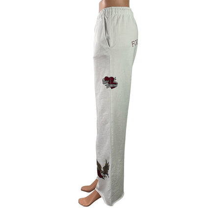 Subdued Women's White Drawstring Graphic Print High Rise Wide Leg Sweat Pants S