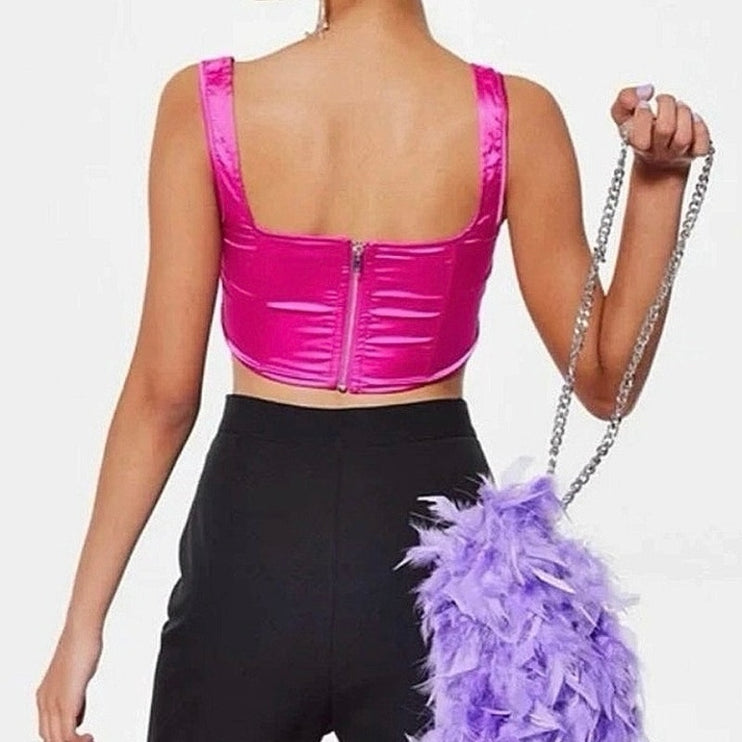 Missguided Pink Satin Square Neck Zip Up Strap Cropped Corset Tank Top Size 6