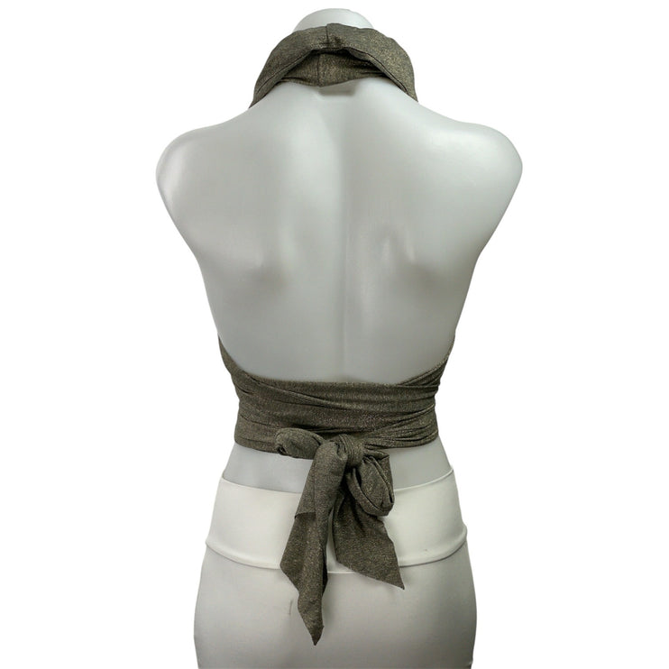 EROS Womens Brown Metallic Halter Cowl Neck Tie Back Crop Fashion Wrap Top Sz XS