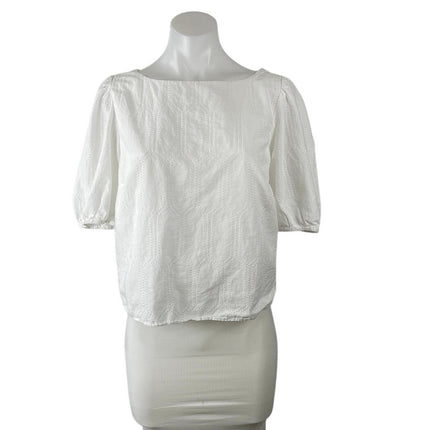 Ann Taylor Women's White Embroidered Boat Neck Short Puff Sleeve Blouse SIze L