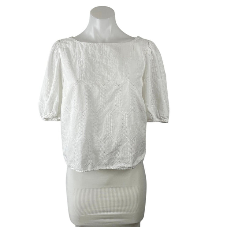 Ann Taylor Women's White Embroidered Boat Neck Short Puff Sleeve Blouse SIze L